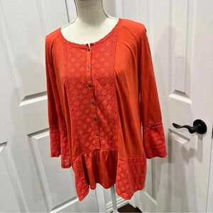 Style and Co XXL Button front long bell sleeve blouse shirt w lace overlay